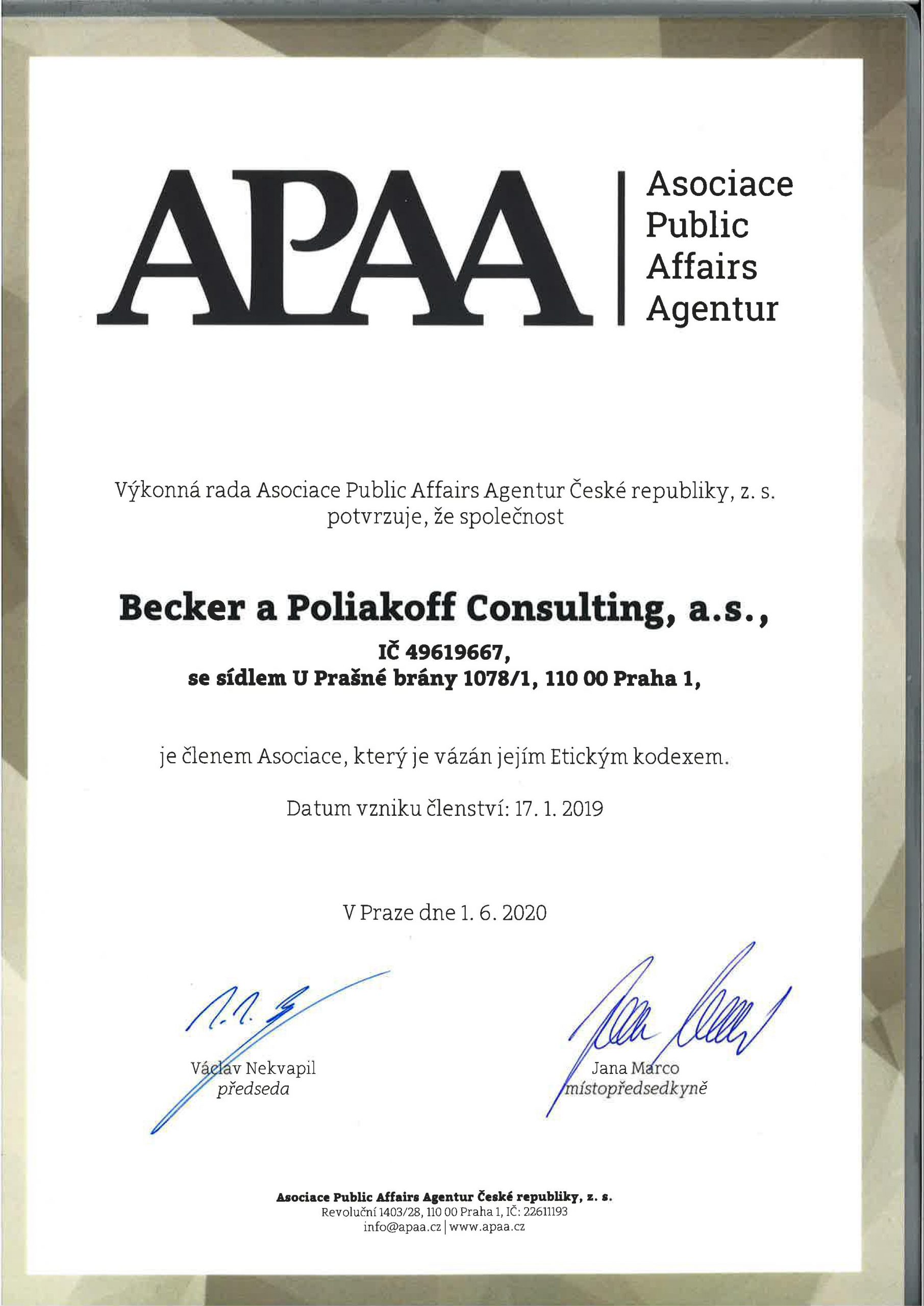 Společnost Becker a Poliakoff Consulting a.s. je členem APAA